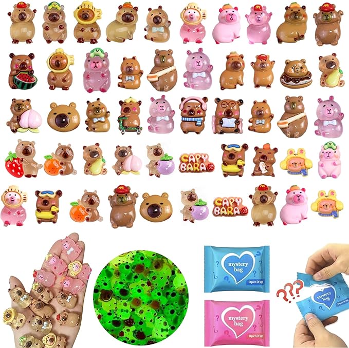100 Pcs Mystery Capybara Blind Bag: Mini Glow and Classic Resin Capybara Figures Bulk, Mini Capybara Resin Animals for Fairy Garden, Dollhouse Décor, Collectible Surprise