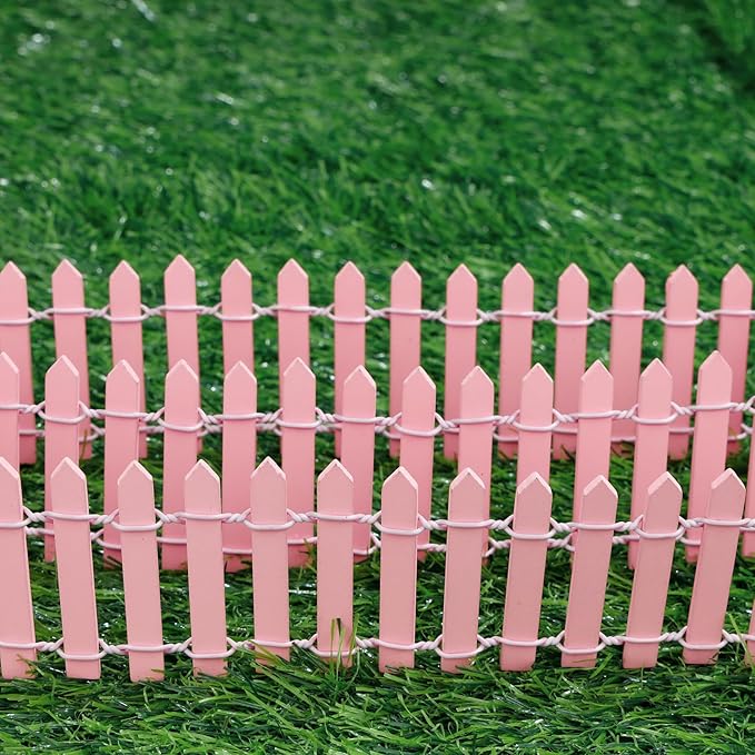 Mini Fairy Garden Fence, 35.5x2 Inch Cuttable Small Wood Picket Fence, DIY Miniature Accessories Decoration for Dollhouse, Crafts, Vegetable Platter, Cake(Pink)