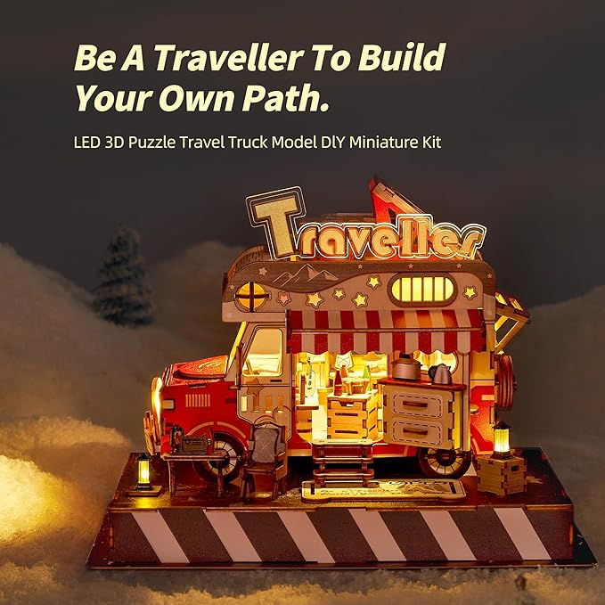 3D Puzzle Travel Truck Puzzle Model -DIY Miniature Kit Dollhouse Food Truck Wooden Model with LED Lights - Unique Gift for Adults and Kids (Travel Truck)