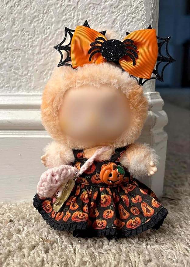 Clothes for LABUBU Doll (NO Doll), 2-Piece Pumpkin Princess Accessories for LABUBU 17cm Dolls, Premium Fashion Outfit for LABUBU Unique Dress Up - Spider Headdress + Pumpkin Dress