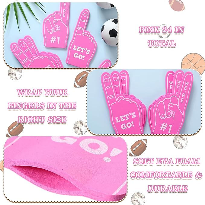 Sinmoe 24 Pcs Mini Foam Finger Baseball Fan Mini Foam Finger, We're #1 Sports Themed Party Supplies for Baseball Hockey Football Basketball Events Team Gifts(Pink)