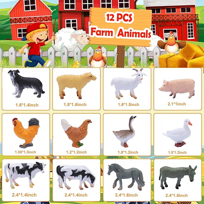 12 PCS Animals Figures,Mini Farm Animal Figurines,Plastic Farm Animal Figures Set,Animals Learning Educational Toys Cake Toppers Birthday Gift for Kids
