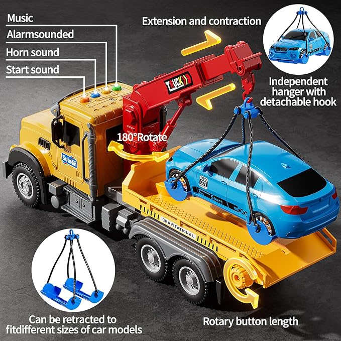 Kids Toys for 3 4 5 6 7 Years Old Boys, Tow Truck Toy,Friction Powered Transport Truck Crane Vehicle Toy with Lights and Sounds,Birthday Gifts for Boys Girls