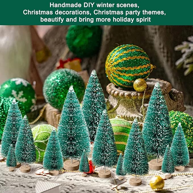 30Pcs Mini Christmas Trees - Artificial Christmas Tree Bottle Brush Trees,Sisal Snow Trees with Wooden Base for Christmas Decor Party Home Table Craft Decorations(Green)