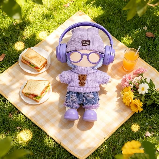 17cm Handcrafted Doll Clothes (NO Doll) – 6-Piece Set, Hat + Sweaters + Skirt + Headphones + Glasses + Shoes, Cute and Premium Dolls Outfit Accessories (Purple Sweaters Suit)