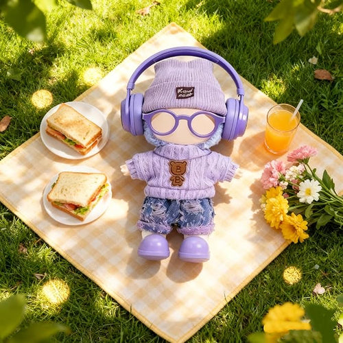 17cm Handcrafted Doll Clothes (NO Doll) – 6-Piece Set, Hat + Sweaters + Skirt + Headphones + Glasses + Shoes, Cute and Premium Dolls Outfit Accessories (Purple Sweaters Suit)