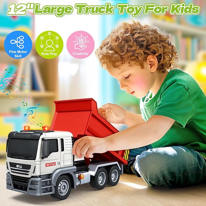 Kids Toys for 3 4 5 6 7 8 Years Old Boys, Large Dump Truck Toy with Lights, Sounds, Red Toddler Friction Powered Truck Vehicle Toy for Boys Girls Birthday Gifts
