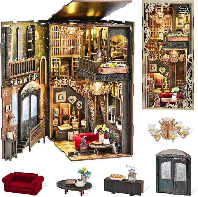 Book Nook Kit - DIY Miniature House Coffee Shop Dollhouse Kit for Adults and Teens, 3D Wooden Puzzle Booknook Tiny House Bookshelf Decor, Gifts for Family, Friends (Saison Café)
