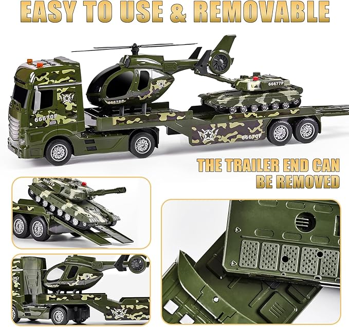 25.6" Green Military Big Truck Toys, Big Truck Toy with Tank and Helicopter,Army Toys with Sounds & Lights, Great Gift for 3+Years Old Boys and Girls