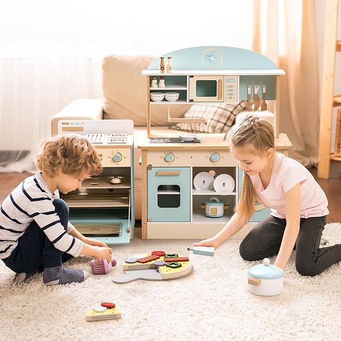 ROBUD Wooden Play Kitchen Set, Kids Toy Kitchen Set with Realistic Design, Utensils, Ice Maker, Fridge, Oven, Washer, Modern Style Play Kitchen with Accessories, Ideal Gift for Boys & Girls, Blue