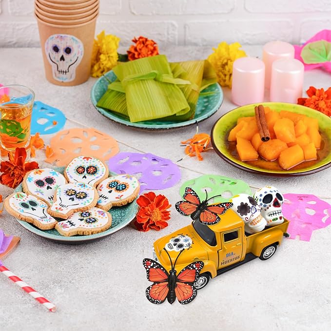 Day of The Dead Decorations for Altar Sugar Skulls Halloween Decor Metal Truck with Couple Sugar Skull Figurines Monarch Butterfly Mexican Dia De Los Muertos Decor Mini Ofrenda Altar Decorations
