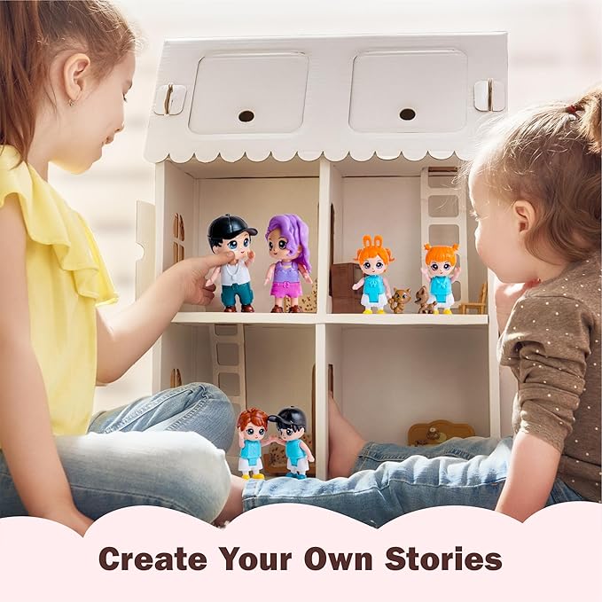 FUNERICA Dollhouse Family Figures & Pets – Bendable Play Dolls for Imaginative Fun & Doll House Play – Little People Family Set with Miniature Accessories – Made of Quality Plastic
