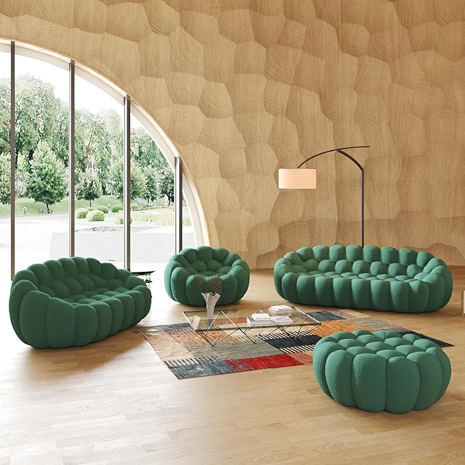 JACH Bubble Sofa Curved Couch Set, Comfy Upholstered Sofa, Mesh Fabric 3D Honeycomb Shape Modern Couches for Living Room, Apartment (Green, 1 Seater, 2 Seater, 3 Seater, Ottoman)