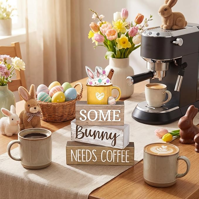 Moucuny 4 Pcs Easter Table Decorations Wooden Coffee Bunny Tiered Tray Decor Happy Easter Centerpiece for Tables Decorative Rabbit Block Signs Gifts Farmhouse Rabbit Decor for Home Kitchen Shelf