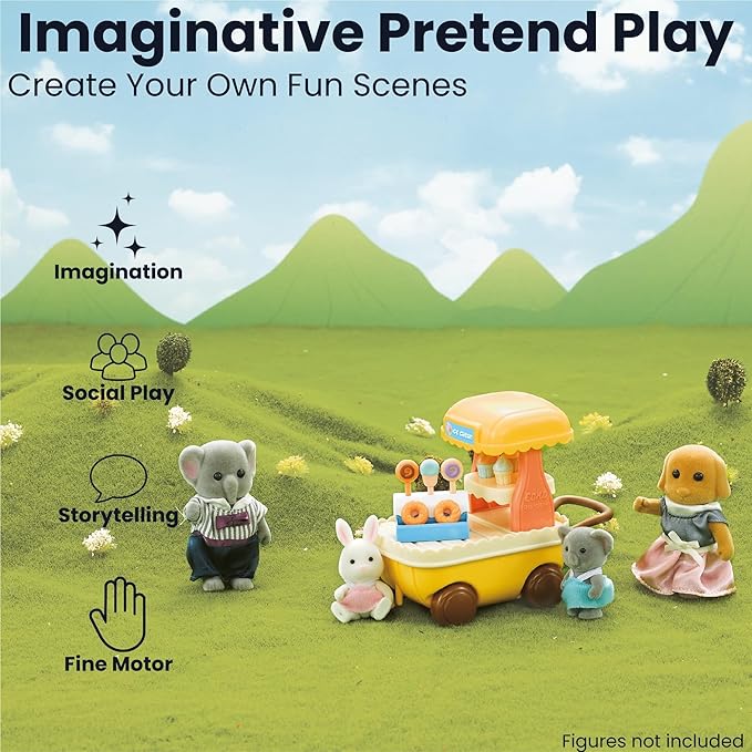 Family Ice Cream Cart Toy — Dessert Pushcart Set with Popsicles, Cones & Donuts, Street Vendor Stall for Dollhouse Pretend Play, Gift for Kids Ages 3+
