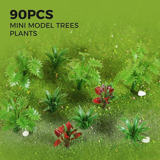 Yetaha 90 Pcs Mini Model Trees, Miniature Plants Green Shrubs Bush Models, Artificial Plants for Train Scenery Railway Sand Architecture Craft DIY Landscape Dollhouse Cake Topper Decor