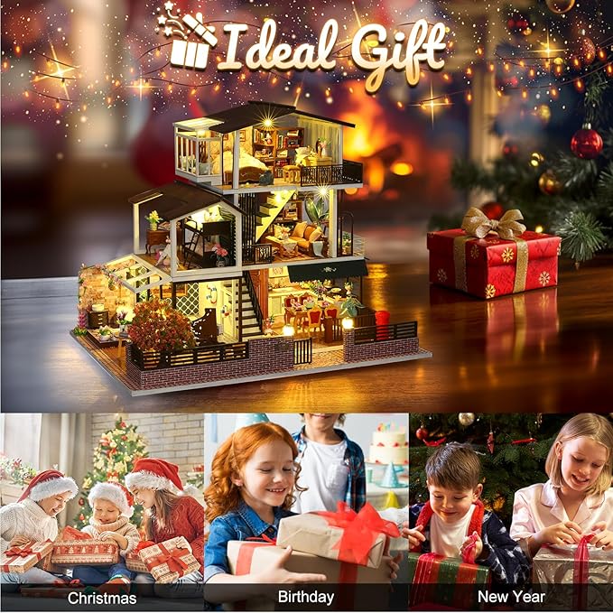 DIY Miniature House Kit, Tiny 3D Wooden European Retro Villa, Mini Dollhouse Building Kit with Dustproof Cover & Music Movement, Creative House Craft for Adults, Gift for Family and Friends