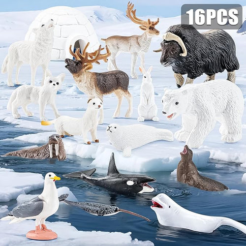 16PCS Mini Arctic Animals Figurines Toys, Winter Polar Animals Toys for Kids Include Polar Bear, Caribou, Orca, Wolf Figurines Cake Toppers Birthday Gifts for Preschool Kids