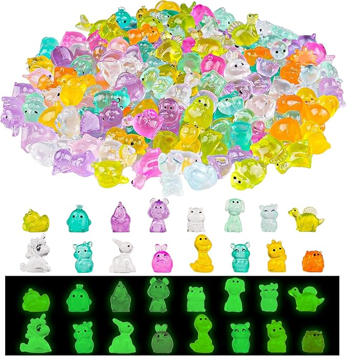 200Pcs Luminous Mini Resin Animals to Hide Tiny Creatures Glow in The Dark for Miniature Fairy Garden Decor Accessories Micro Landscape Aquarium Duck Dinosaur Rabbit Flamingo Owls Marine
