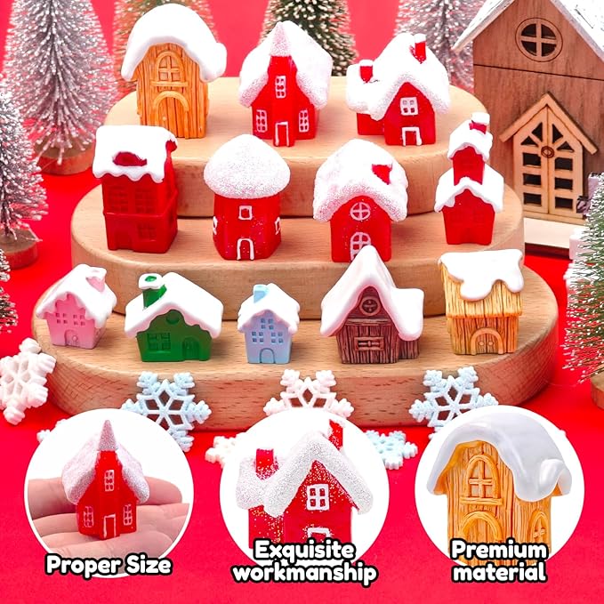 30 Pcs Christmas Mini Village House Figurines with Snowflakes Tiny Little Winter House Miniature Figures for Holiday Crafts Garden Micro Landscape Home Table Decor