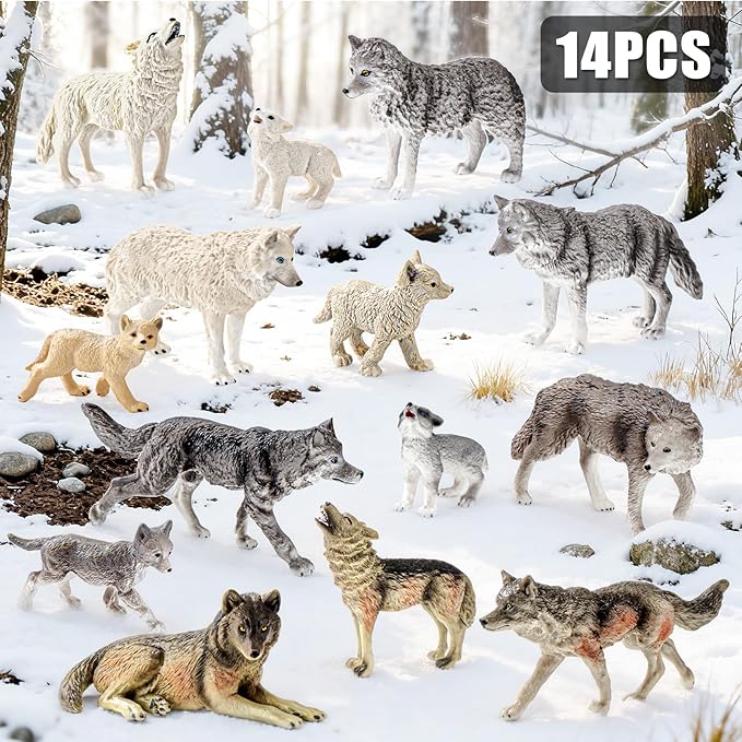 14PCS Wolf Toy Animal Figurines, Realistic Plastic Zoo Safari Animal Toys for Toddlers 3 4 5 6 7, Forest Wolf Animals Figures, Educational Toy Cake Toppers Birthday Gift for Kids Boys Girls