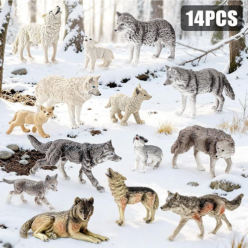 14PCS Wolf Toy Animal Figurines, Realistic Plastic Zoo Safari Animal Toys for Toddlers 3 4 5 6 7, Forest Wolf Animals Figures, Educational Toy Cake Toppers Birthday Gift for Kids Boys Girls