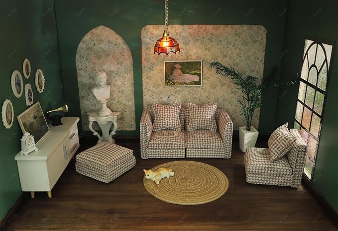 iLAND Dollhouse Furniture Miniature Sectional Couch Set for Doll House Décor Fit 1/12 Scale Accessories, Modern Brown Houndstooth Sofa Timeless & Classic