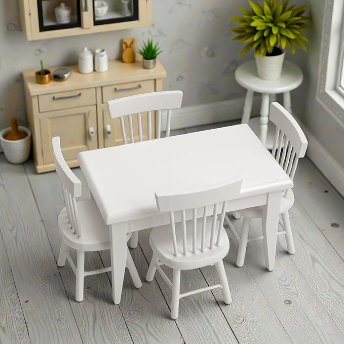 Miniature Dollhouse Dining Table and Chairs – Set 5pcs 1/12 Scale for Doll House, White Wooden Furniture Model, Mini Classic Decoration Accessories DIY Hobby Gift for Kitchen, Breakfast Room