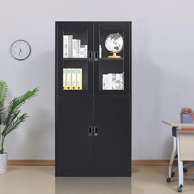 Black Metal Storage Cabinet with Glass Doors, 71" Locking Glass Door Cabinet with 2 Adjustable Shelves, Steel Storage Cabinet with 4 Doors for Home, Living Room, Bathroom