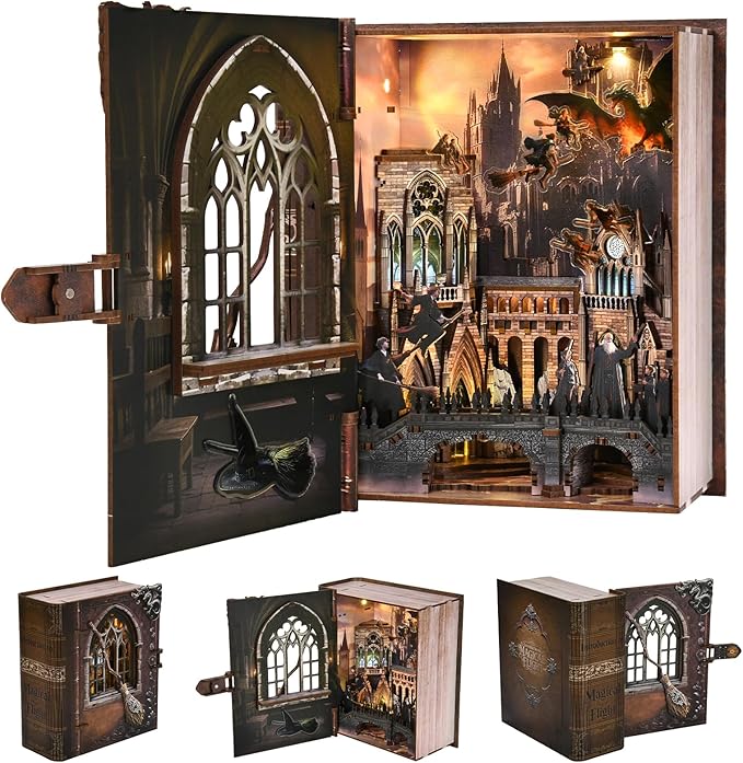Book Nook Kit, DIY Miniature Dollhouse Magic Book for Adults and Teens, 3D Wooden Puzzle Bookends with Sensor Led Light, Gifts for Family, Friends (Introduction to Magical Flight)