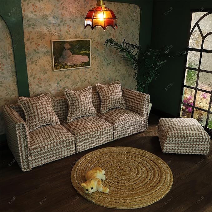 iLAND Dollhouse Furniture Miniature Sectional Couch Set for Doll House Décor Fit 1/12 Scale Accessories, Modern Brown Houndstooth Sofa Timeless & Classic