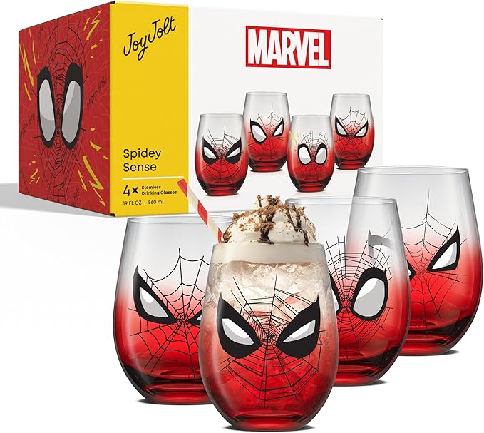 JoyJolt Marvel Spider-Man Spidey-Sense Stemless Drinking Glasses, 19oz Superhero Glass Tumblers, Set of 4 Drink Glasses, Marvel Gifts for Men and Women