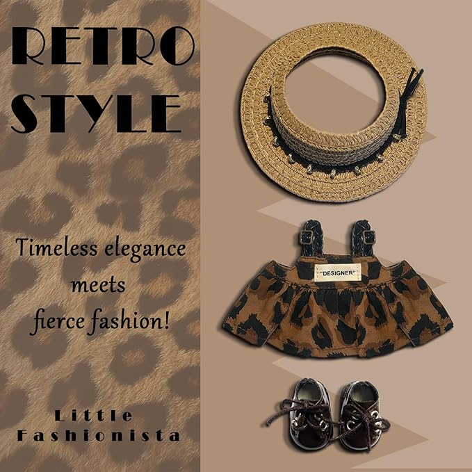 Clothes for 6.7in/17cm Dolls (Without Dolls), Sets and Accessories,5PCS (Straw hat + Bow + Sunglasses + Dress + Shoes), Collectors and As Gifts.(Leopard Print Dress)