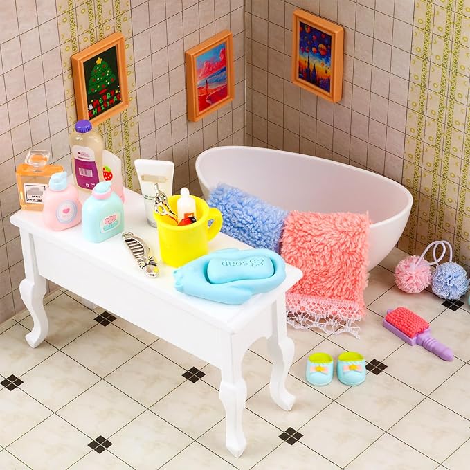 110Pcs Dollhouse Miniature Accessories Mini Bathroom Makeup Jewelry Set with Handbag Shampoo Perfume Hair Dryer Comb Shoes Glasses Money Photo Frame for DIY Doll Backpack Girl Micro Scene Decor