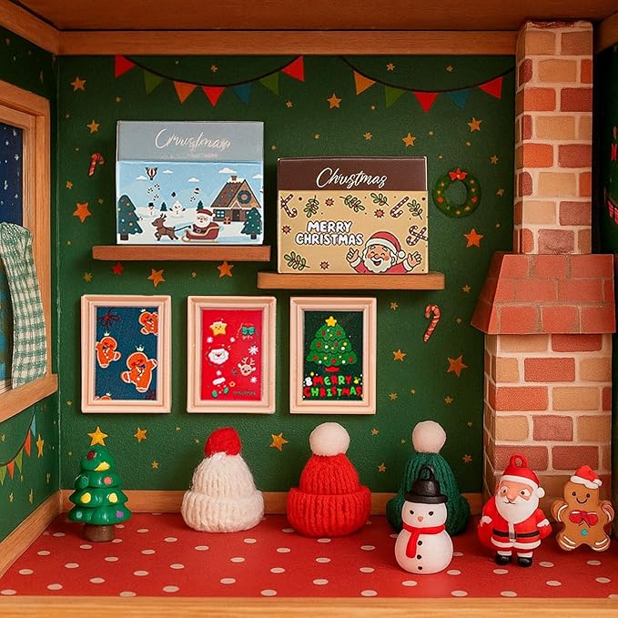 67PCS Dollhouse Accessories Doll House Miniatures Christmas Decoration Small Scene Model Light Mini Tree Gift Boxes Fake Light Door Mini Scene Model Pretend Toys DIY Festival Holiday Party Favors Gift
