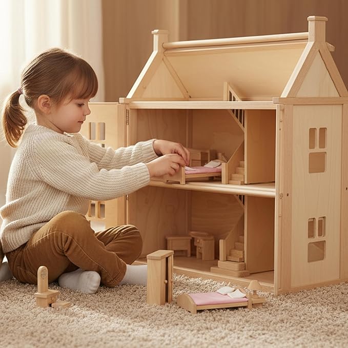 PlanToys® Classic Dollhouse Bedroom Furniture Set | Eco-Friendly Wooden Dollhouse Accessories for Kids | Includes Bed, Closet, Vanity, Chairs & Lamp | Pretend Play Montessori Toy