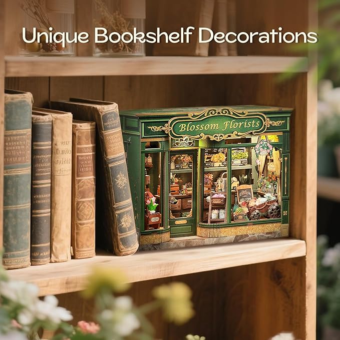 Fsolis Book Nook Kit - DIY Miniature Scene Kit for Adults 3D Wood Puzzles Tiny House Mini Craft Bookshelf Decor Gifts for Women Teenagers Book Lovers (Blossom Florists)