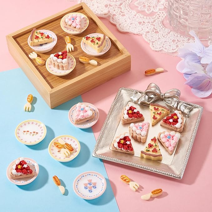 42Pcs Mini Cakes Tableware Kit Decorations Dollhouse Accessories Imitation Miniature Dessert Fork Knife High Tea Resin Cabochons Ornaments Garden Home Party Decorations Crafts Supplies