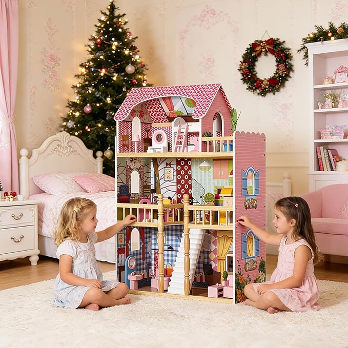 3 Story Wooden Doll Cottage with Balcony, Stairs & 14 Furniture Accessories | Large Multi-Level Dollhouse Playhouse for 5 Inch Dolls | Creative Educational Toy for Boys & Girls Ages 3+