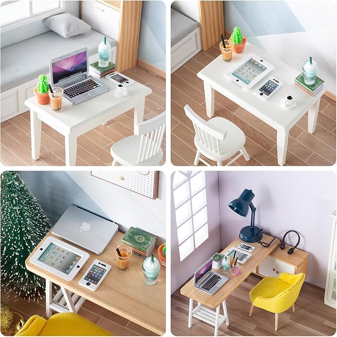 12Pcs Dollhouse Miniature Laptop Computer Tablet Phone Lamp Book Glasses Coffee Headset Simulation Accessories 1/12 1/6 Toy Pad Play Set Fits Barbie Doll Girl Mini Drink Party Office (Bule)