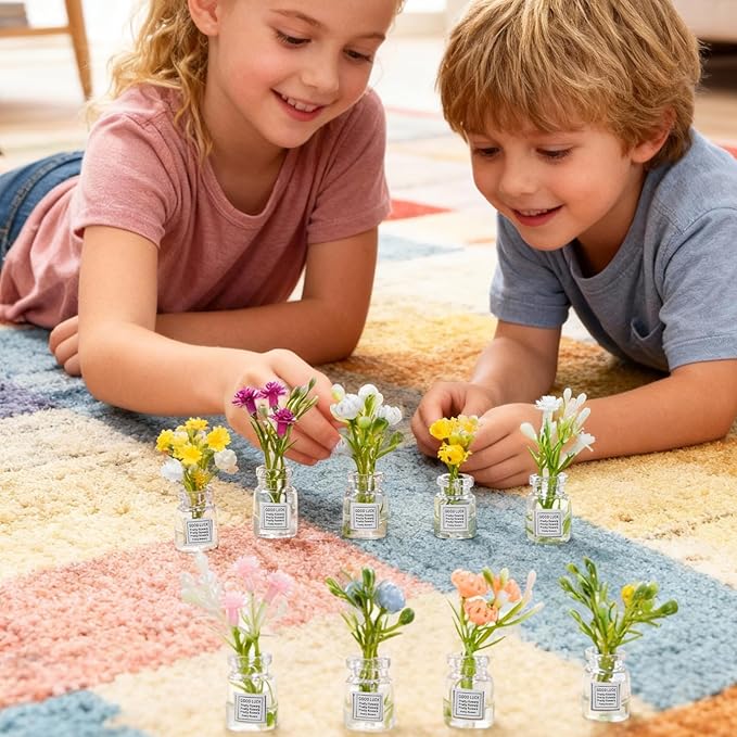 10 Pcs Dollhouse Miniatures Flowers Plants, 1:12 Tiny Small Glow in The Dark Glass Vase Flowers Plant House Decor, Faux Flower Model Miniature Dollhouse Accessories for Tiny Houses