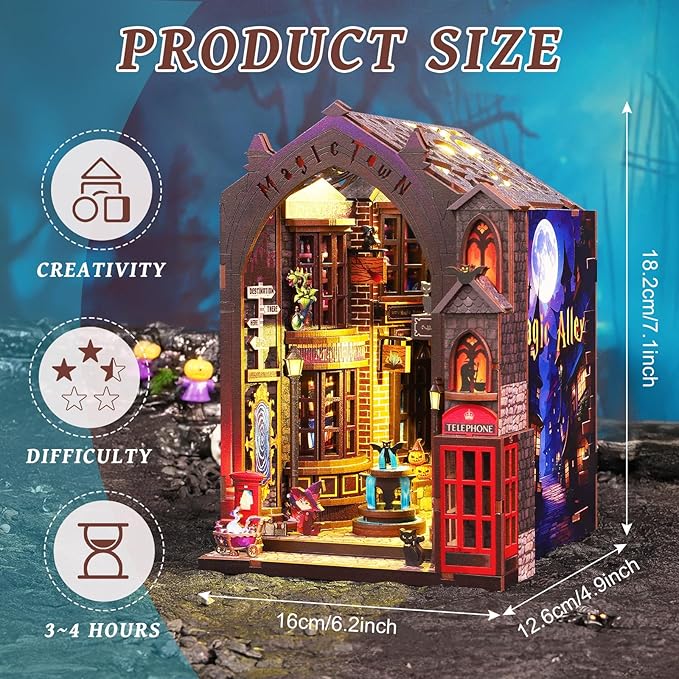 Book Nook Kits for Adults, Magic Alley DIY Book Nook Kit, 3D booknook Craft Kits Bookshelf Insert with Sensor LED Light, Creative Craft Gift for Adults & Teens