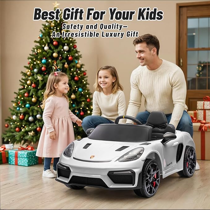 12V Ride on Car Licensed Porsche 718, Kids Electric Car with Remote Control, Front/Rear LED Light, Radio, USB/AUX, Openable Doors, Suspension Function, Durable Tires (White)
