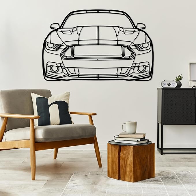 DecoSoul Mustang Metal Car Wall Art, Sports Car, Automotive Silhouette Line Decoration, Minimalist Sculpture for Garage, Indoor Outdoor Wall Hanging, Gift for Boyfriend (Black - 55 x 15.1” inch)