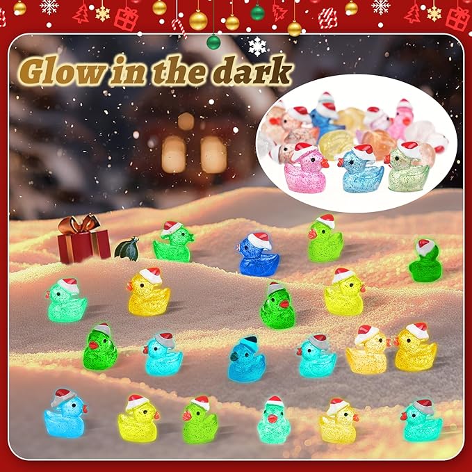 160PCS Luminous Mini Glitter Ducks Christmas Colorful Tiny Resin Ducks to Hide Miniatures Figures for Prank Xmas Goodie Bag Fillers Party Decor