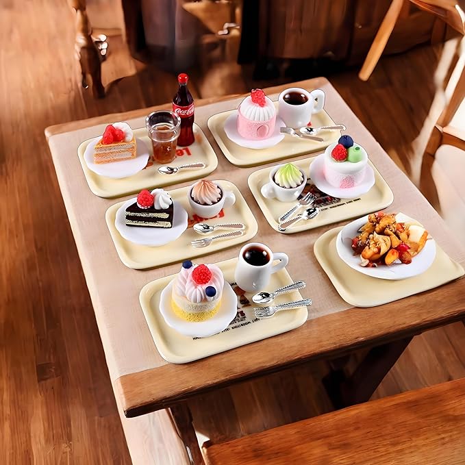 6Pcs Happy Afternoon Tea Miniature Set – Dollhouse Kitchen Accessories, Includes Tray, Coffee Milkshake, Cake,Plate,Spoon, Perfect for Pretend Play, Miniature Food Set for Dollhouses and Play Kitchens