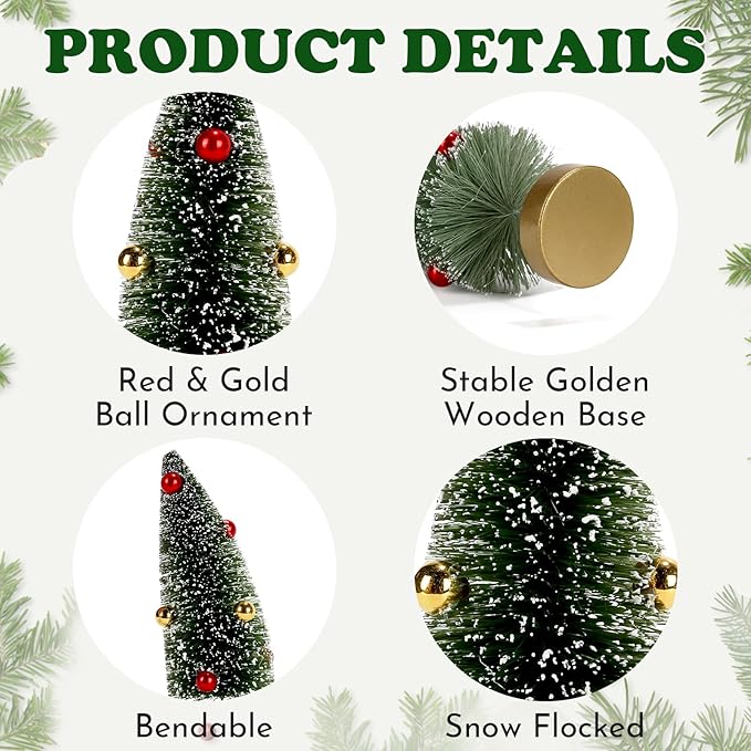 6 Pack Mini Christmas Trees, Small Miniature Frosted Bottle Brush Christmas Tree Decorations Tiny Tabletop Villiage Sisal Trees Decorated with Snow and Beads Winter Holiday Décor Assorted Sizes