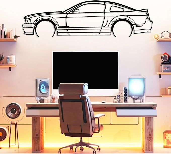 DecoSoul Mustang Metal Car Wall Art, Sports Car, Automotive Silhouette Line Decoration, Minimalist Sculpture for Garage, Indoor Outdoor Wall Hanging, Gift for Boyfriend (Black - 25 x 6.9” inch)