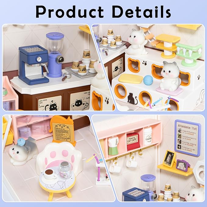 DIY Miniature House Kit with LED Lights, Whimsical Cat Cafe Miniature Kit with Roof & Dust Covers for Teens, DIY Coffee Shop with Cats & Furniture, Creative Christmas Decoration Gift Idea