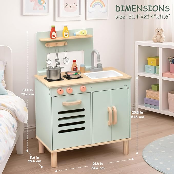 Pillowhale Wooden Play Kitchen Set, Mint Green Stove & Sink with 5 Stainless Steel Tools, Click Knobs, Storage Cabinets, Montessori Toy for Toddlers 3+
